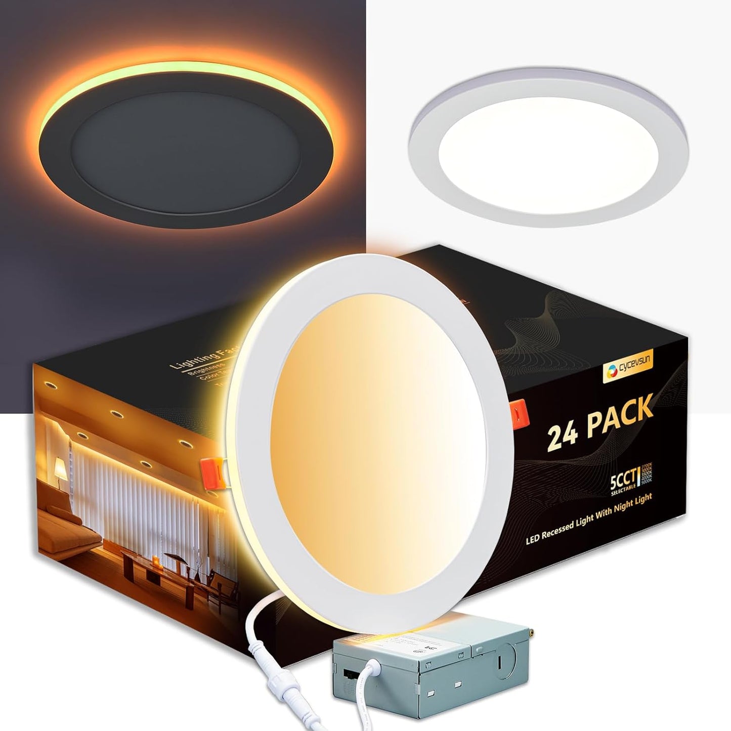 CycevSun 24 Pack 8 Inch LED Recessed Lights with Night Light, Canless Wafer Downlight Ultra Thin, Dimmable & 5CCT Selectable, 15W, 1500LM, ETL, 120-277V, 8.2Inch Cutout