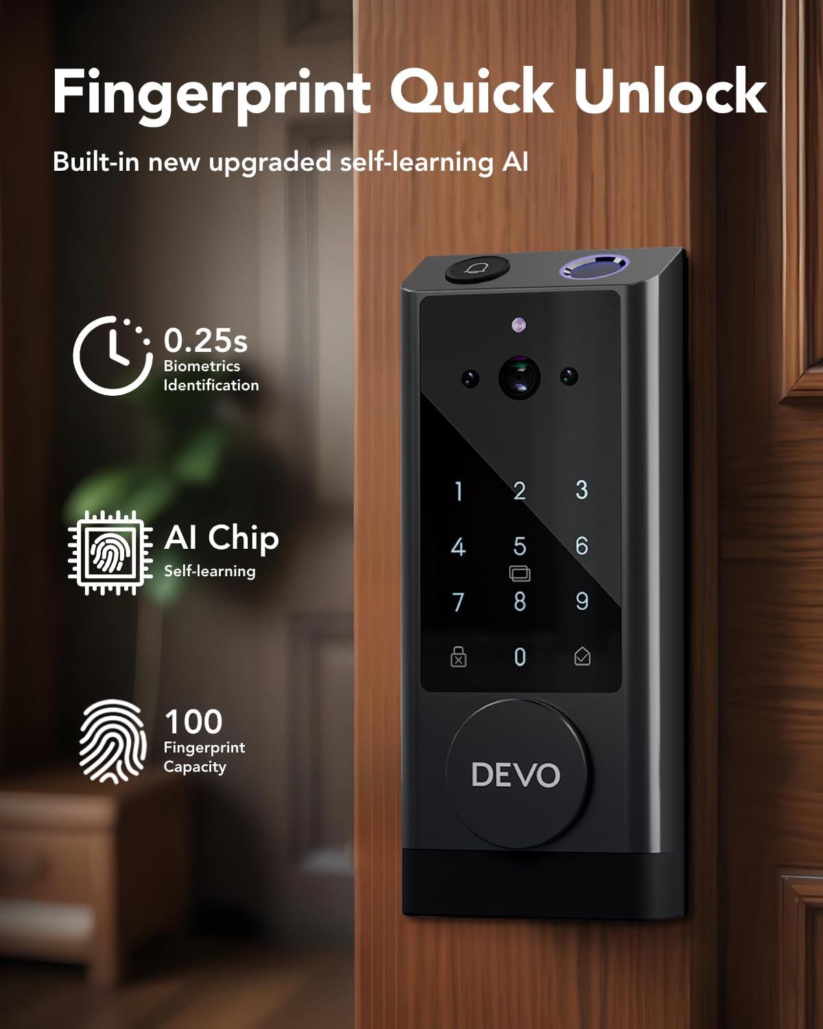 Devo G1 Video Smart Lock with Camera&Doorbell, 6-in-1 Keyless Entry Door Lock Deadbolt with Handle Set, App Remote, Fingerprint ID, Auto Locks, Built-in Wi-Fi Smart Deadbolt for Front Door