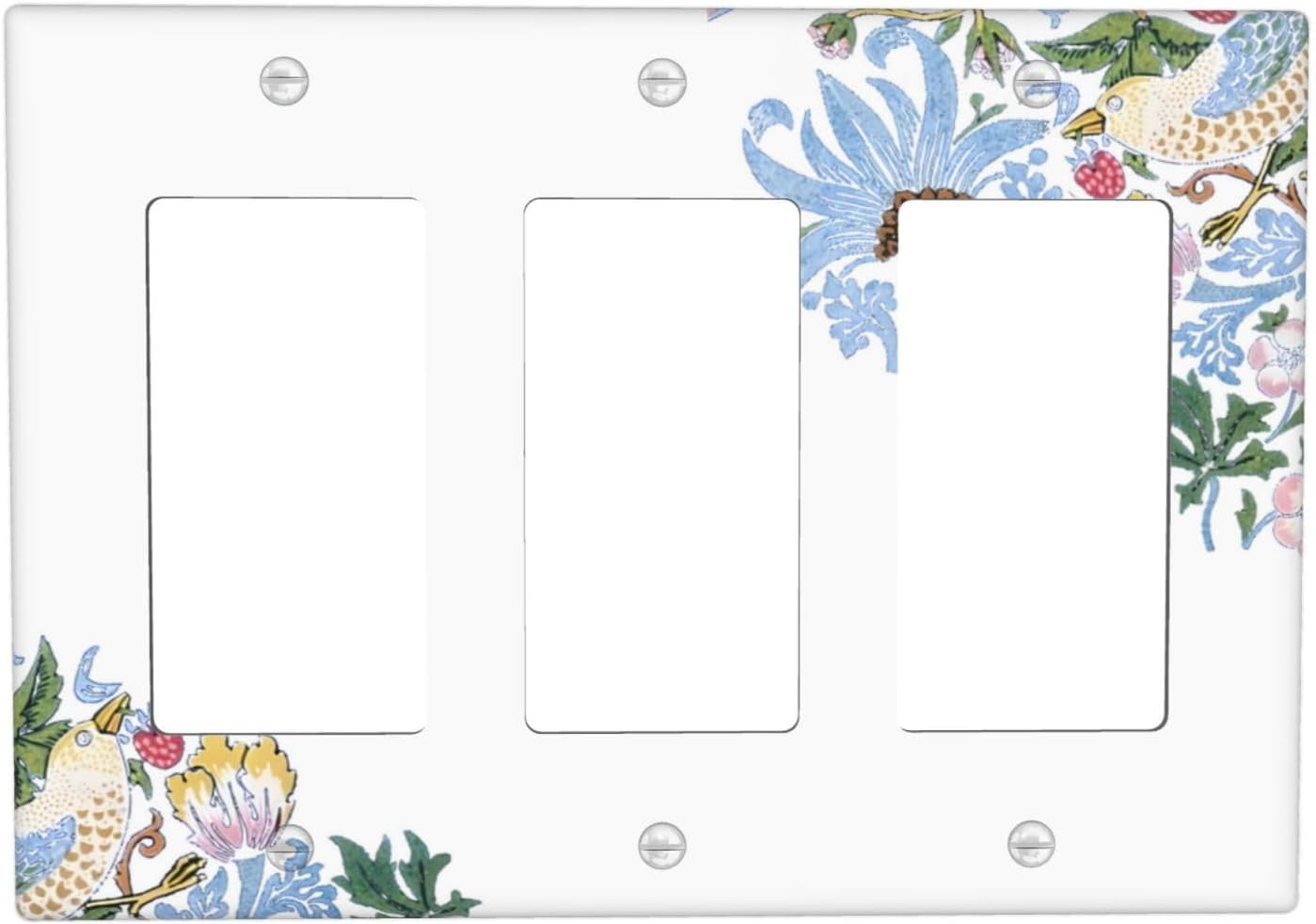 Decorative Outlet Covers Retro Morris Strawberry Rustic Plant Bird 3 Gang Wall Plate Triple Rocker Light Switch Cover Plate Jumbo Electrical GFCI Faceplate for Bedroom Decor