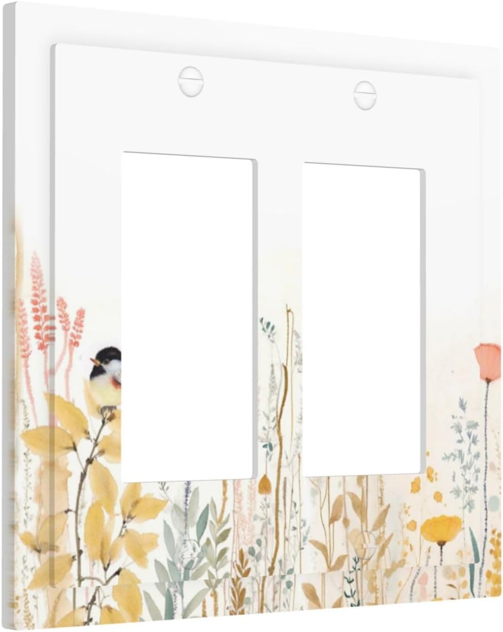 Decorative Outlet Covers Colorful Floral Watercolour Cuddly Bird 2 Gang Double Gfci Rocker Electrical Wall Panels Light Switch Cover Plate For Bed Room Living Room Decor