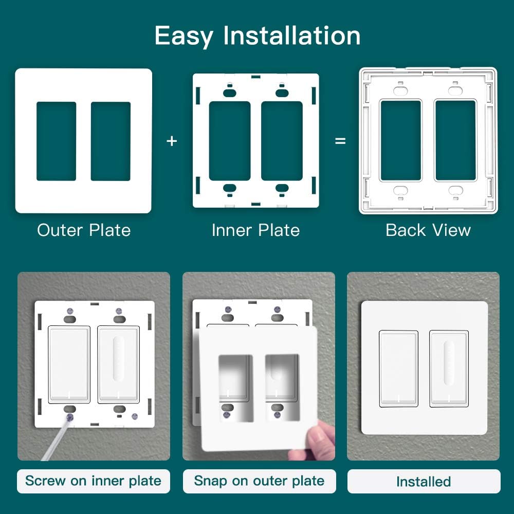 TREATLIFE Screwless Decorator Wall Plates, Standard Size 2-Gang/3-Gang Light Switch Plate, Outlet Covers, White 5 Pack (2-Gang 3 Pack & 3-Gang 2 Pack)