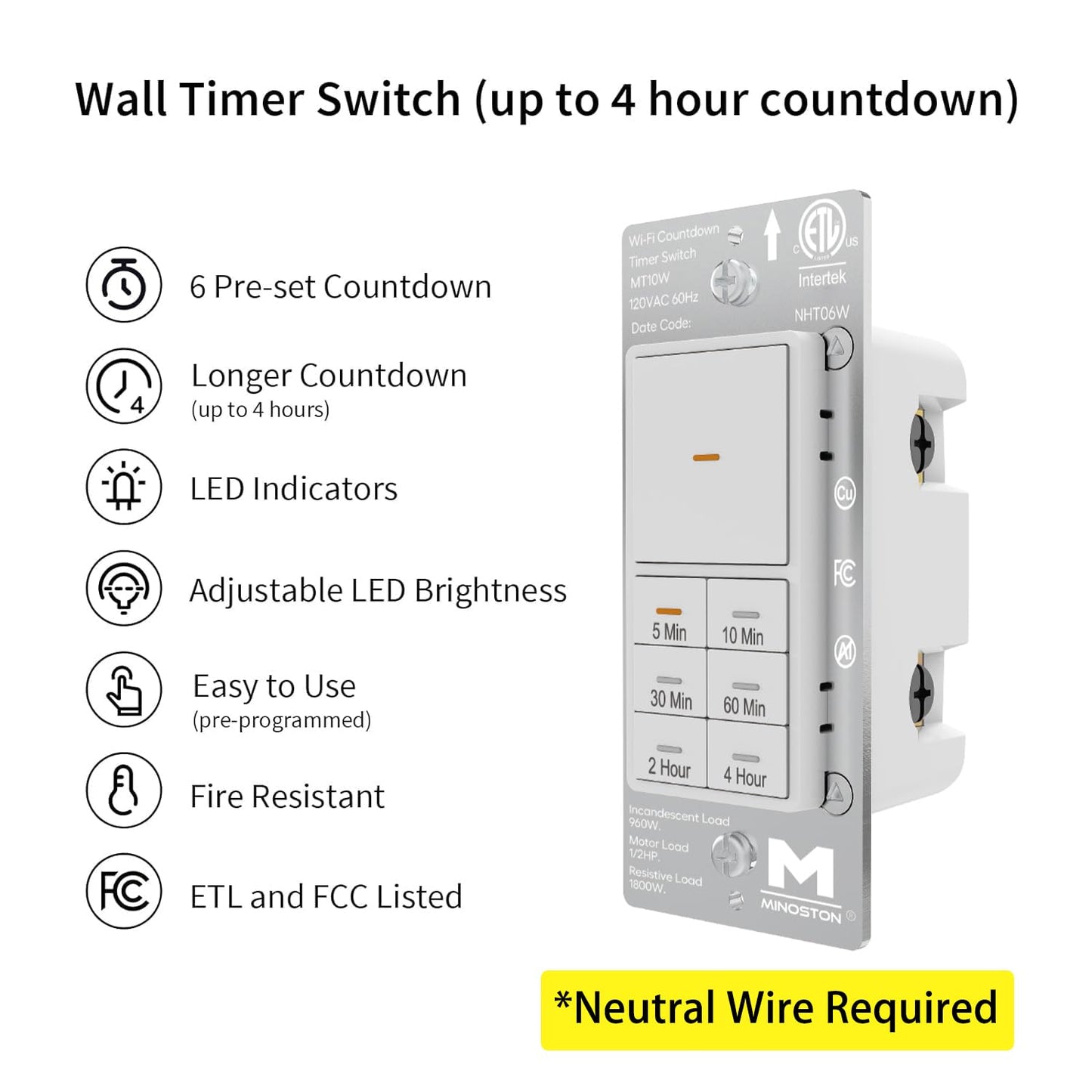 Minoston WiFi Timer Switch - Smart Countdown Timer, 5-15-30 Minutes/1-2-4 Hour, ON/OFF, Neutral Wire Needed, for Lights, Fans, Heaters, ETL Listed