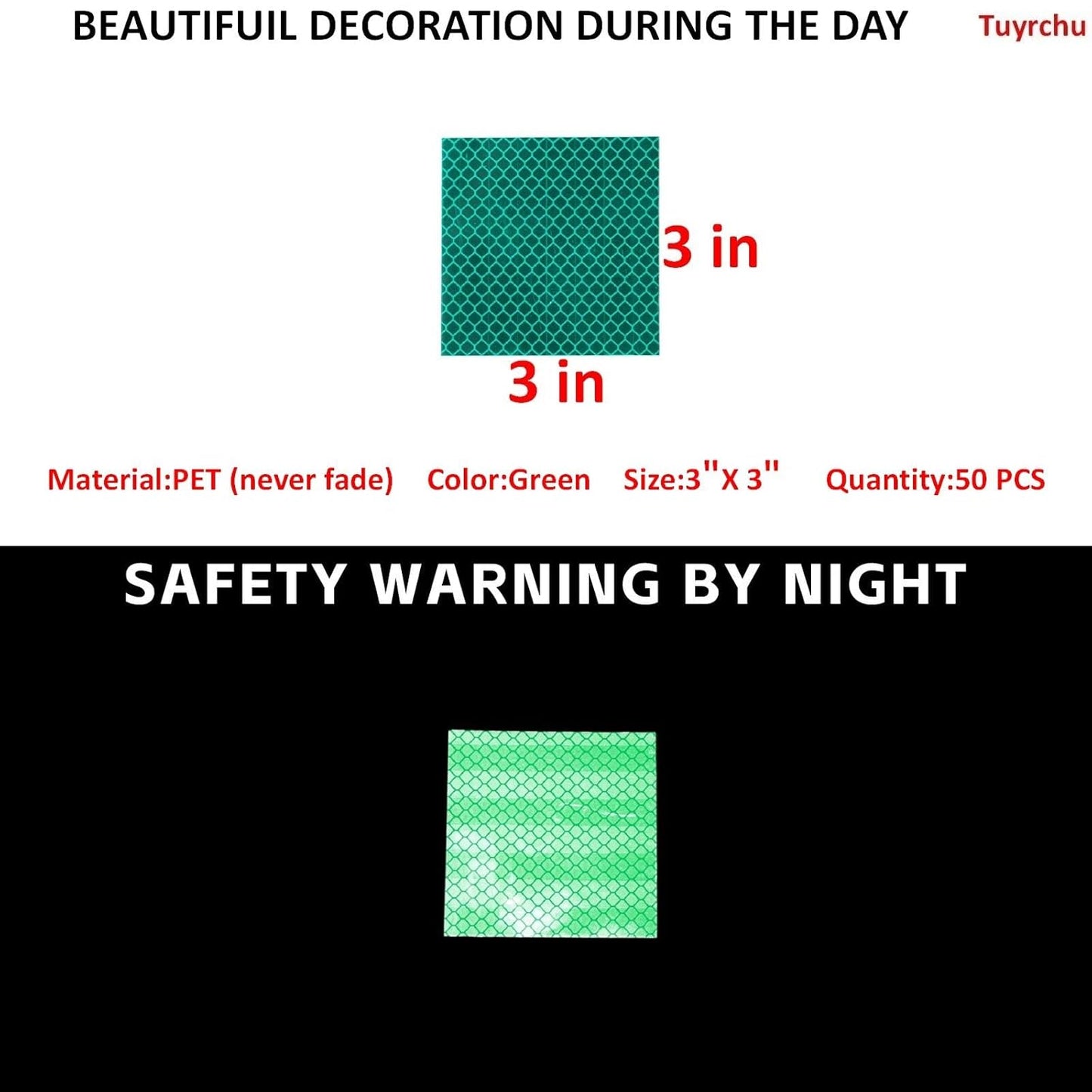Non Fading Green Reflective Stickers 3 inch X 3 inch, Outdoor Waterproof High Visibility Warning Safety Adhesive Reflector Tape (50 Pcs)