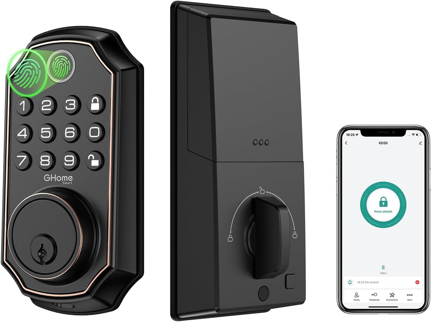 GHome Smart Door Lock KD30, Fingerprint Smart Deadbolt for Front Door, 5 in 1 Keyless Entry Door Lock, App Control, Auto Lock, 0.3s Unlock, Easy Install, for Home/Apartment/Office, Black
