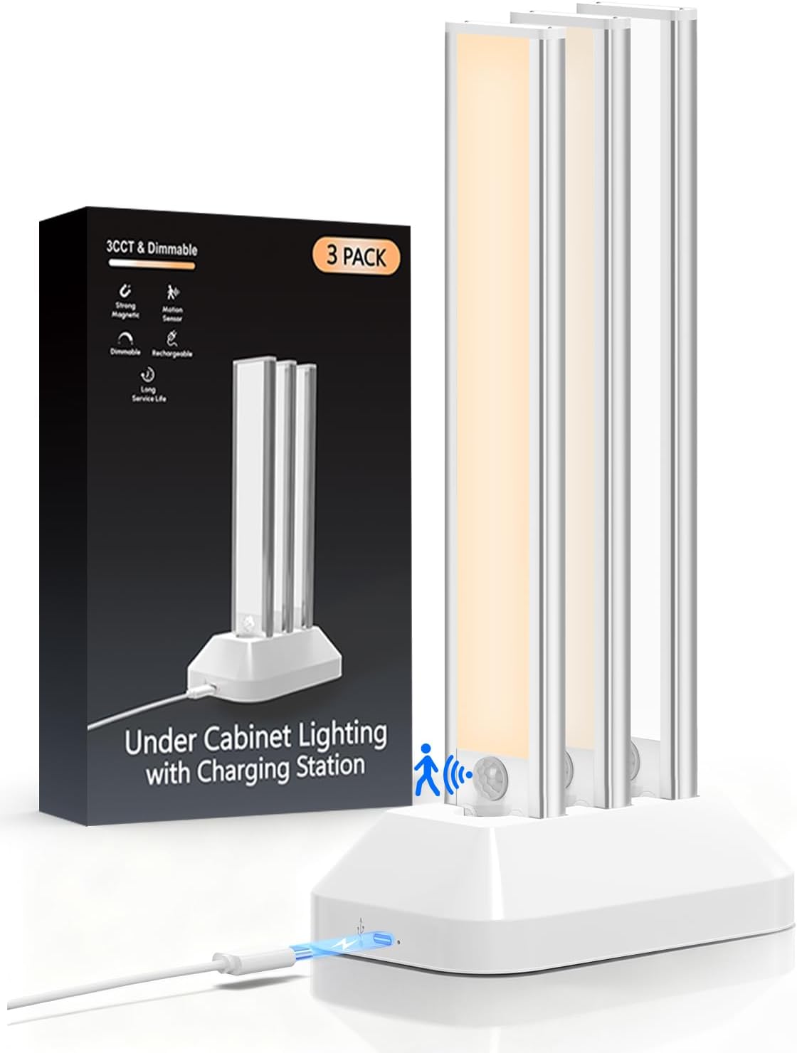 Under Cabinet Lighting with Charging Station, 2200mAh Rechargeable Motion Sensor Light Indoor, Dimmable Closet Lights with 3 Color Tempers, Magnetic Under Cabinet Lights for Kitchen Wireless, 3-Pack