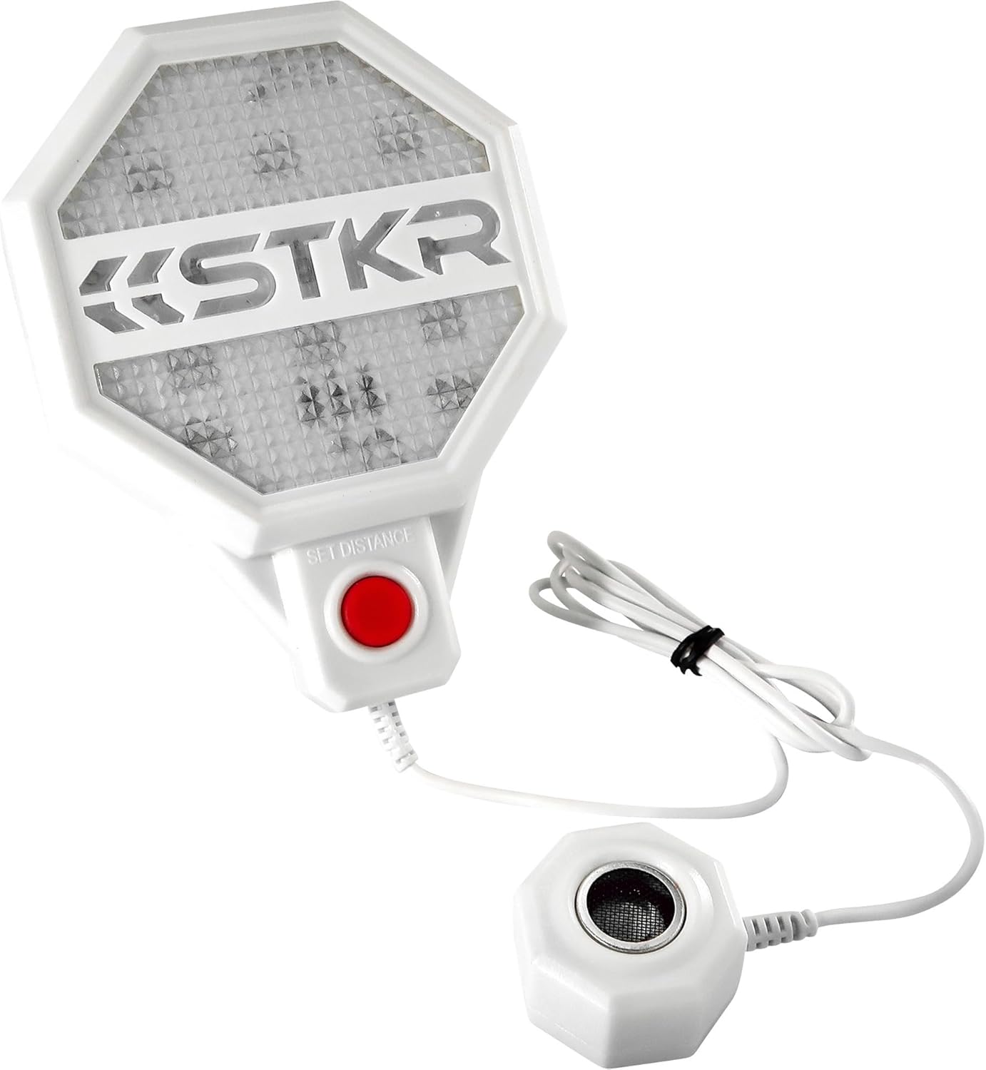 STKR Garage Parking Sensor – Adjustable Ultrasonic Car Stop Assistant with Red/Yellow/Green LED Display – Set Stop Distance 6"–6 ft – Battery or USB Powered – Easy Wall-Mount Install – White