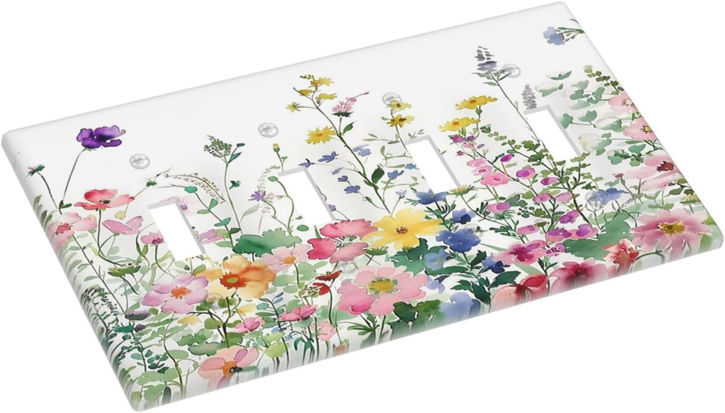 Light Switch Covers Boho Colorful Flowers Plant Rustic Wildflower Quad Toggle Electrical Faceplate 4 Gang Wall Plate Decorative Switch Plates for Bed Room Bathroom Decor