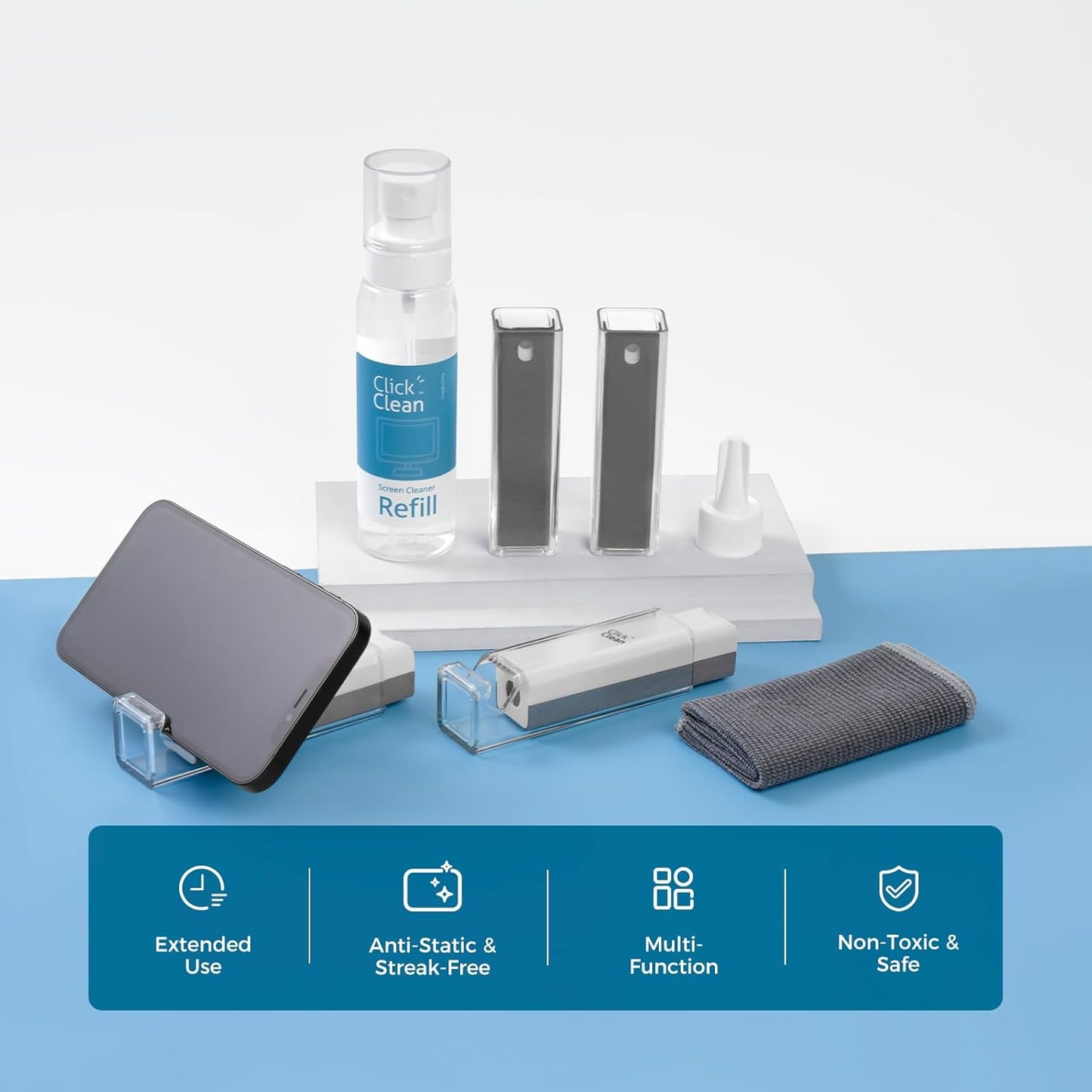 Click Clean Screen Cleaner Kits - 4 All-in-One Screen Cleaner with 4 oz Cleaner Refill, 1 Microfiber Cloth(7.8 x 7.8in), 1 Mini Refill Funnel, and 1 Sprayer - for All Phones, Laptop and Tablet Screens