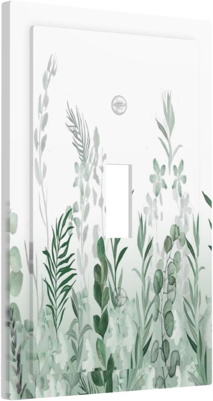 Watercolor Green Leaf Rustic Plant Eucalyptus Flowers Decorative Light Switch Cover 1 Gang Single Toggle Device Electrical Faceplate Switchplates Decorator Outlet Wall Plate for Bed Room Living Room