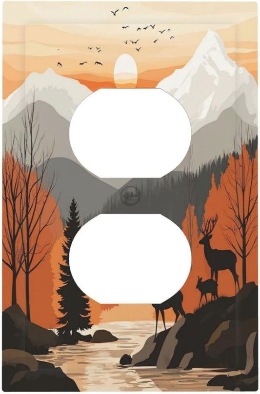 Sun Forest Deer Snow Mountain River Outlet Covers 1 Gang Duplex Light Switch Cover Decorative Switch Plates Electrical Receptacle Faceplate Wall Plate For Bed Room Living Room Decor