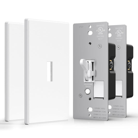 AIDA Digital Toggle Dimmer Switch for Dimmable LED, CFL & Incandescent Bulbs, Single Pole/3-Way, Screwless Wall Plate Included, UL Listed, No Neutral Wire Needed, Matte White (2 Pack)