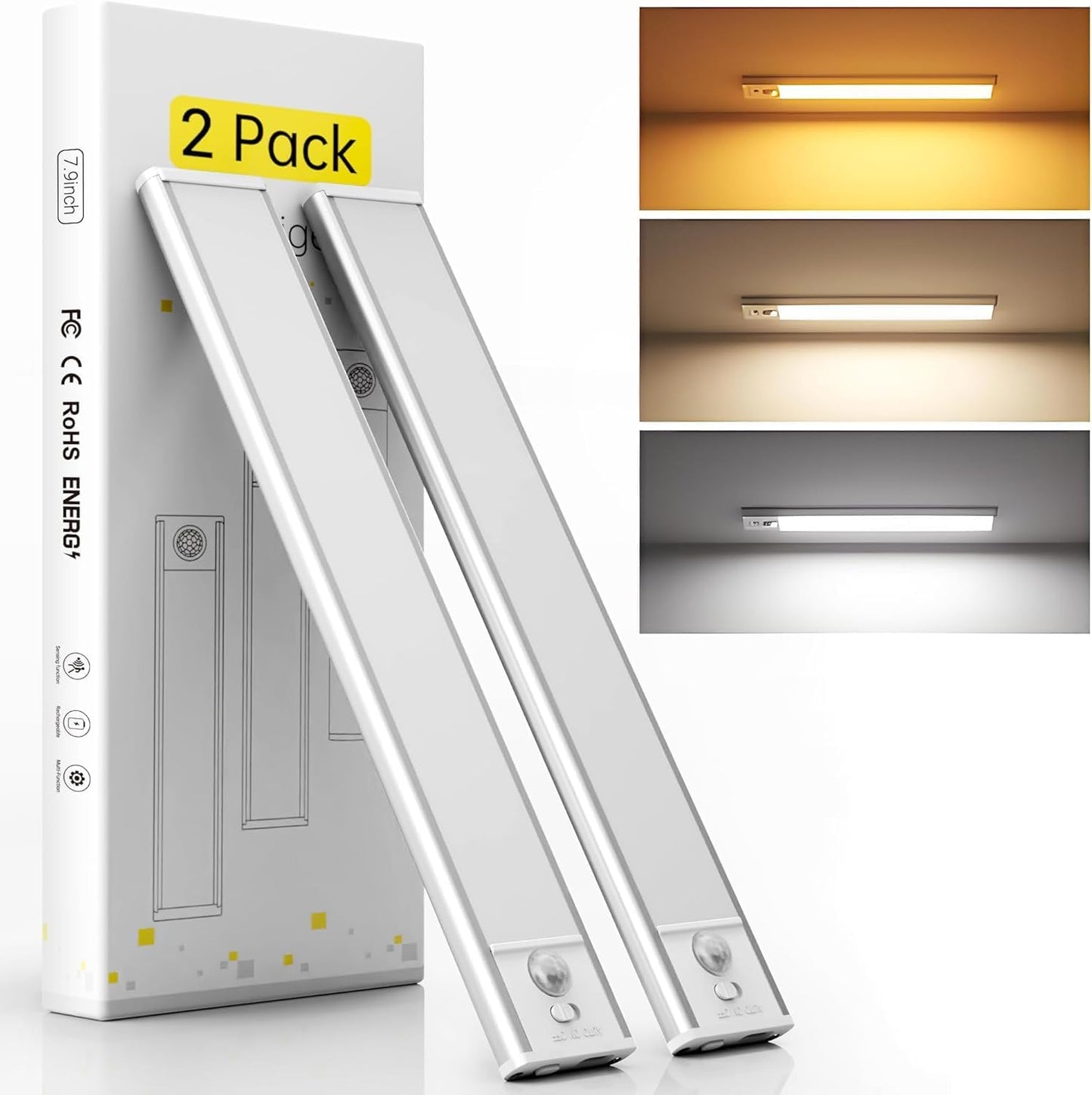 Under Cabinet Lights, Motion Sensor Magnetic LED Light, 8 inch 1000mAh Rechargeable Battery Dimmable Lights with 3 Color Temps, Indoor Wireless Lighting for Kitchen, Closet, Pantry, Counter, 2 Pack