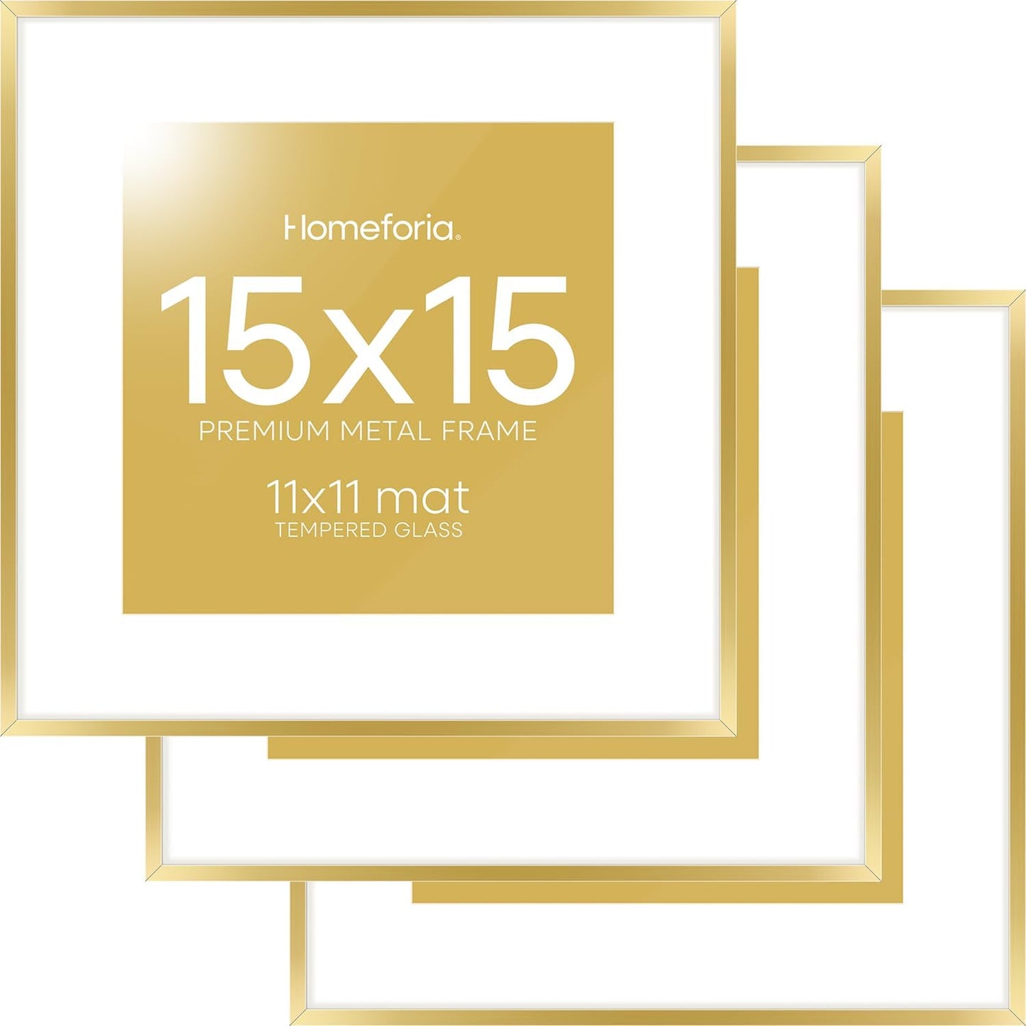 Homeforia 15x15 Picture Frame Gold, High End Metal 15 x 15 Square Poster Frame with Mat 11 x 11 Photo, 15x15 Frame Matted to 11x11 Print, 15by15 Gold Hanging Frames, Tempered Glass, Wall Kit, Set of 3