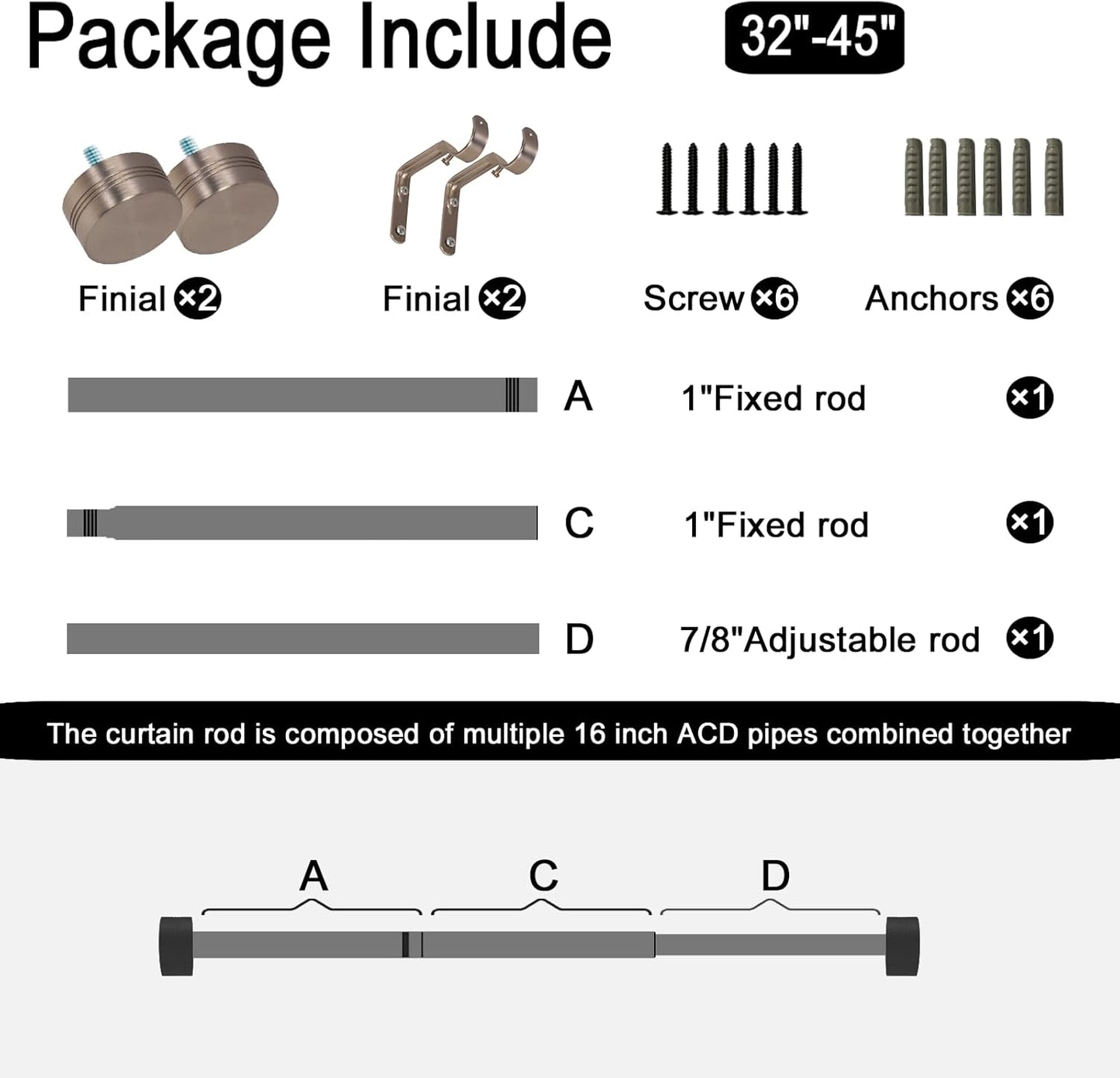 Brushed Nickel Curtain Rod for Windows 18 to 45 Inches, 1 Inch Adjustable Drapery Pole, Heavy Duty Outdoor/Indoor Modern Curtain Rods, Easy Installation(Satin Nickel 18"-45")