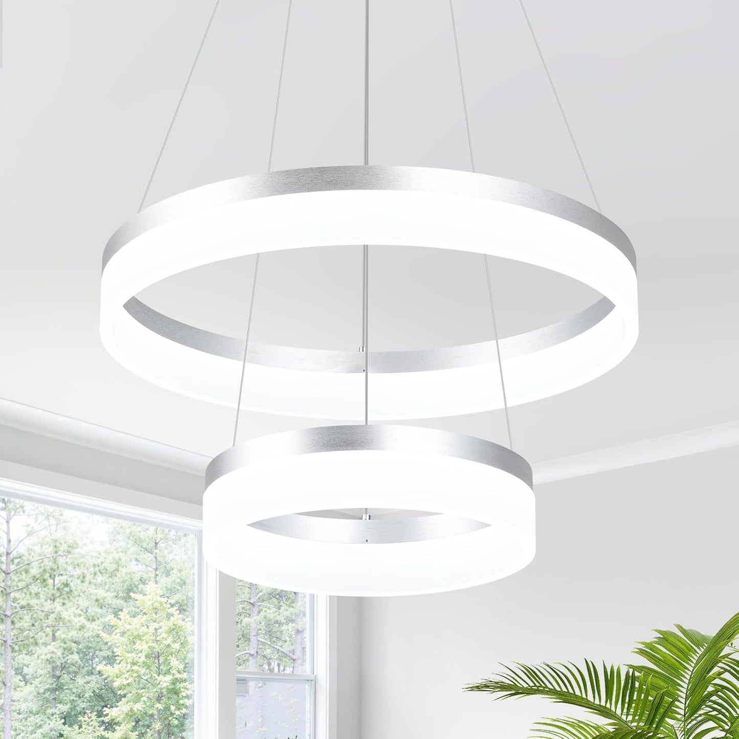 Buccleuch 2-Ring Modern LED Chandelier - Dimmable Silver Round Pendant Light, Height Adjustable ETL-Certified Ceiling Light for Dining Room, Kitchen Island, Living Room, Bedroom, Foyer