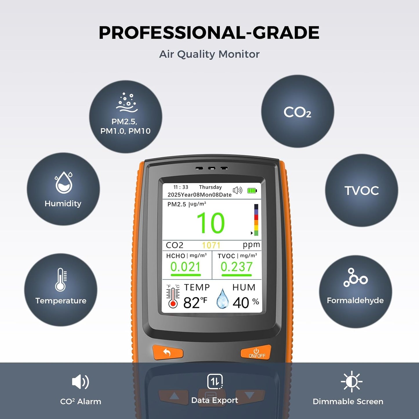 Air Quality Monitor, Indoor Air Quality Tester for CO2, TVOC, Formaldehyde, PM1.0/2.5/10, Temp & Humidity, with CO2 Alert, Data Storage, Adjustable Screen for Home, Office