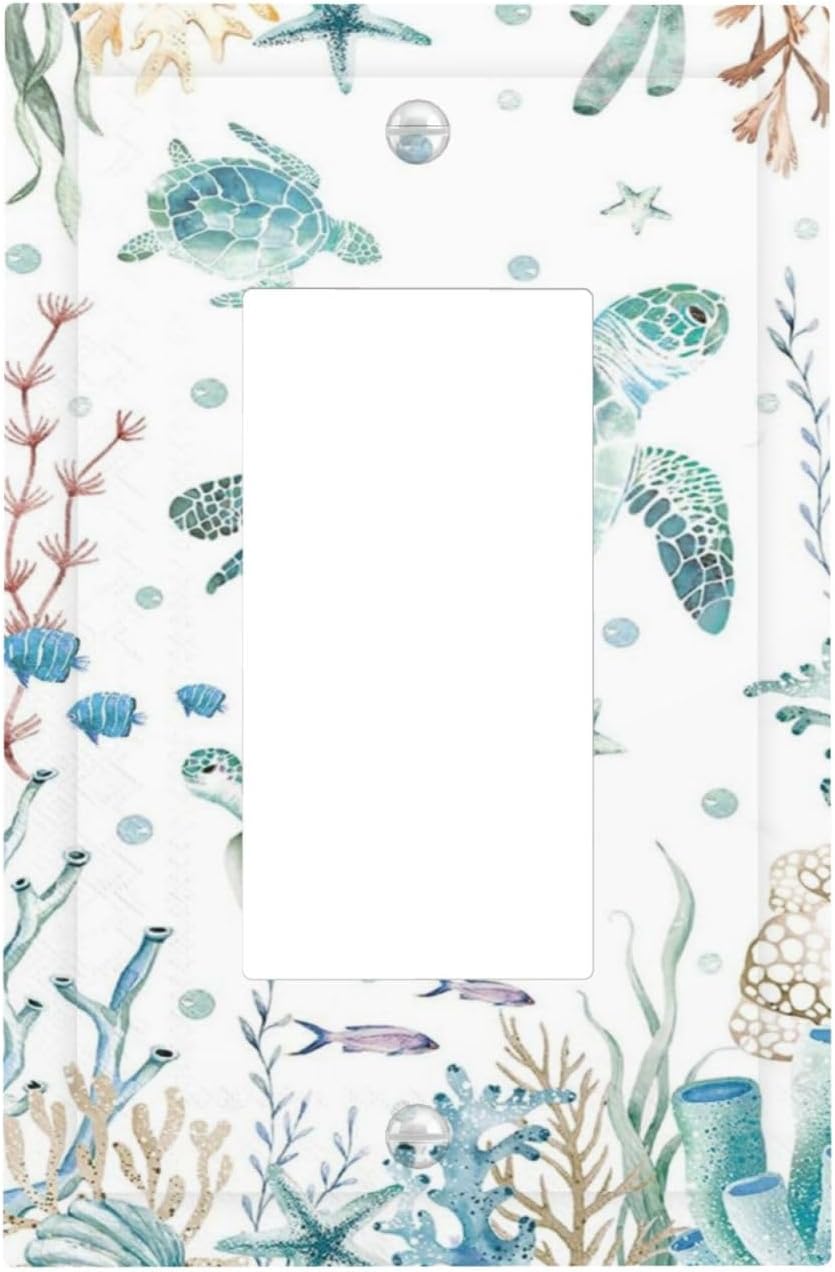 Sea Turtle Ocean Starfish Fish Coral Pearl Decorative Outlet Covers 1 Gang Single Rocker Light Switch Cover Plate Wall Plates GFCI Faceplate for Bathroom Kids Room Decor