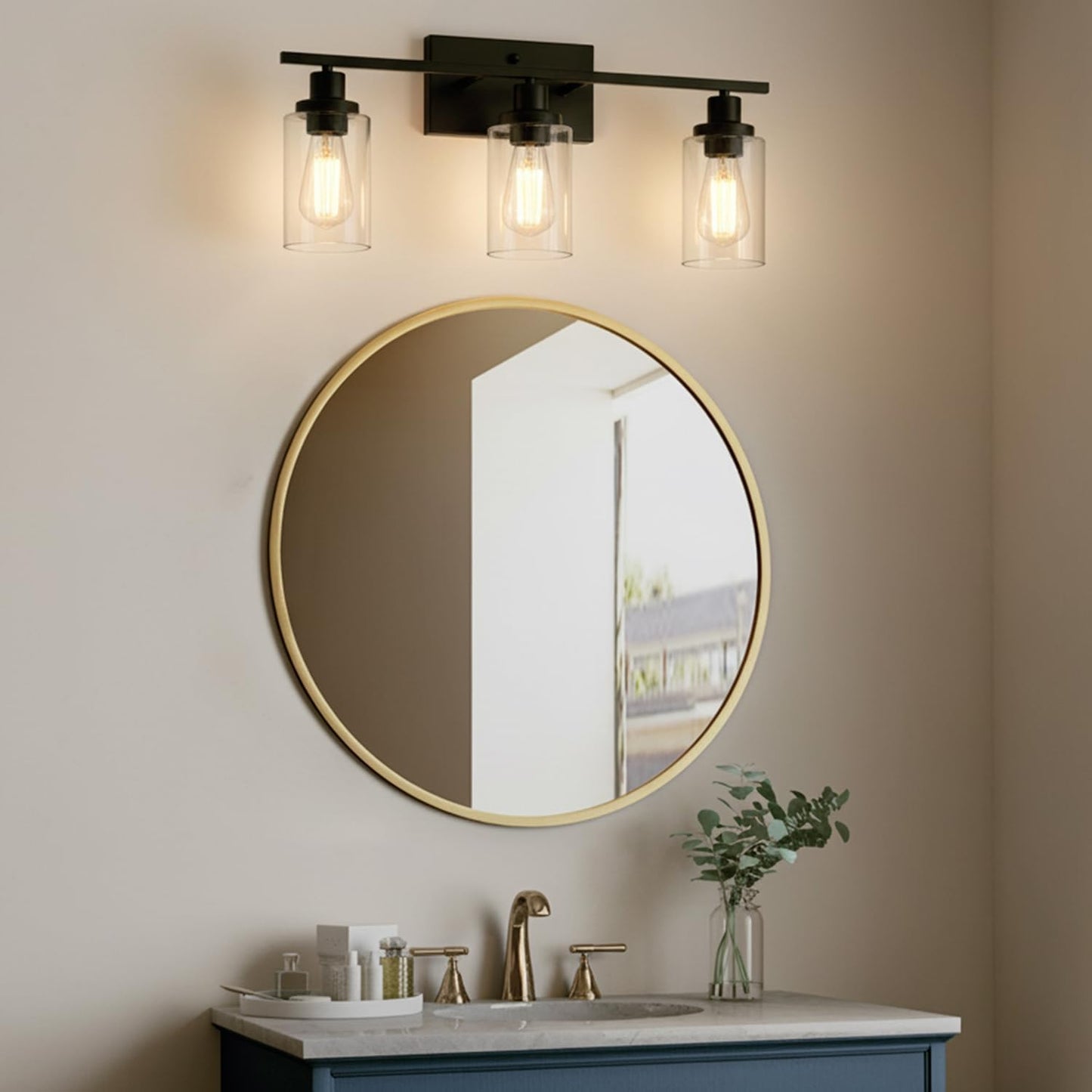 MELUCEE Bathroom Vanity Light Fixtures 24 Inches Length 3 Lights Wall Sconce Black with Clear Glass Shade for Bedroom Living Room Hallway Kitchen (Patent No.: US D963914 S)