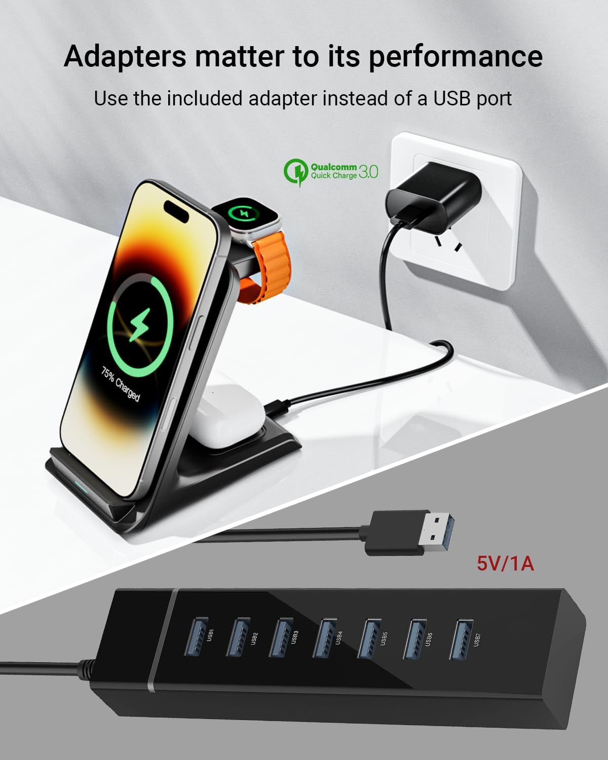 Wireless Charger for Thick Cases of 10MM/Otterbox/Popsocket Compatible, 3 in 1 Charging Dock for iPhone 17 16 15 14 13 Pro Max, Charging Station for Multiple Devices for Apple Watch/AirPods