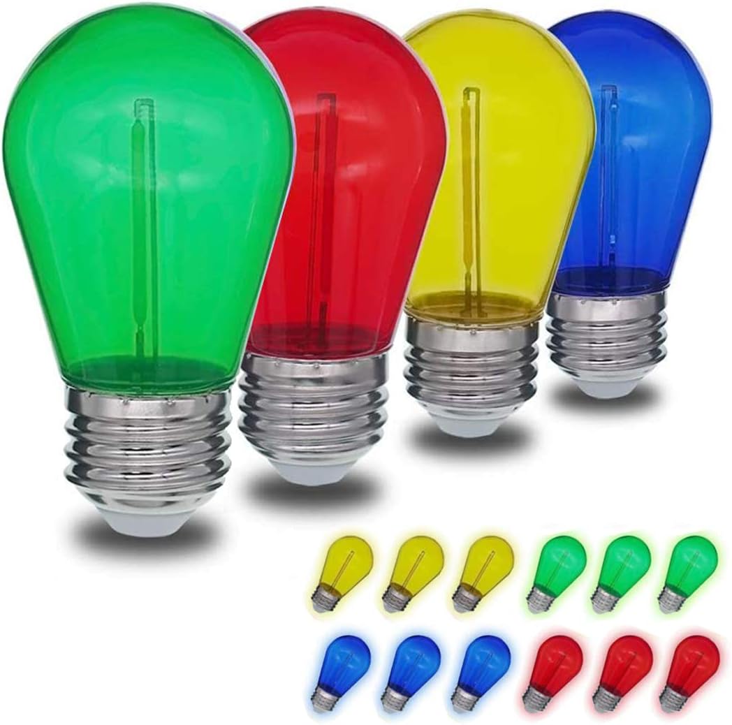 Jslinter Colored String LED Light Bulbs - 1 watt Plastic Outdoor Indoor S14 Bulbs for Christmas String Light Replacement - Shatterproof - E26 Base - 16Pack - Red/Blue/Yellow/Green