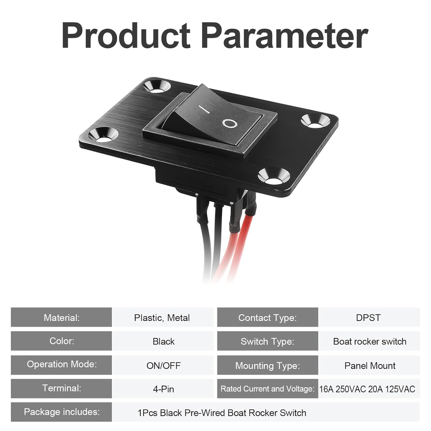 1Pcs Black KCD4 Boat Rocker Switch 2-Position 4-Pin Pre-Wired DPST Panel Switch 16A 250VAC 20A 125VAC, CE