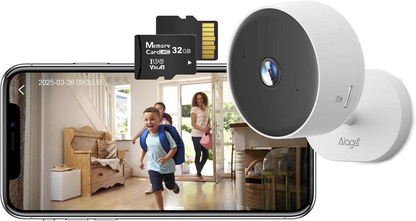 Alaga WiFi Indoor Security Camera, Baby Monitor, AI Motion Detection, 2 Way Audio, Night Vision, Cloud and SD Card Storage, Compatible with Alexa and Google Assistant, with 32G TF Card