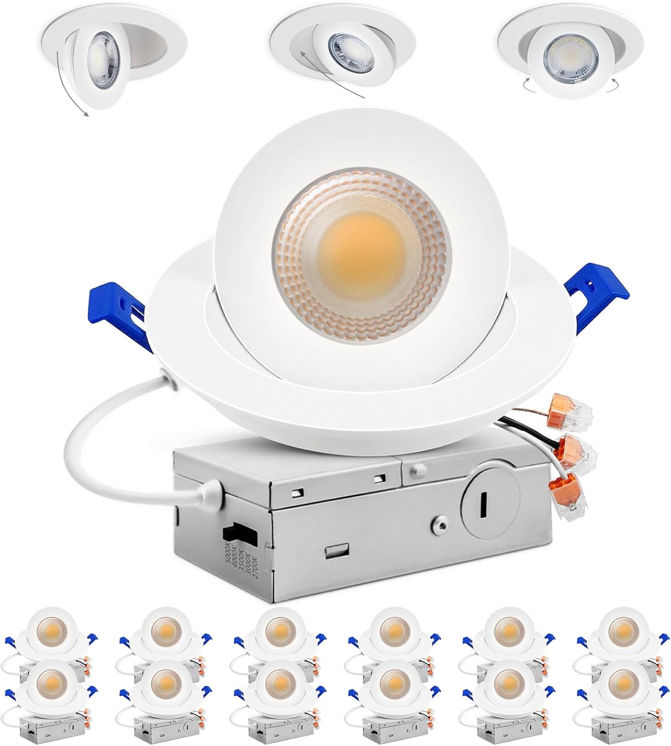Adetu 4 inch Gimbal Led Recessed Lights, 360°+90° Adjustable Directional Recessed Lighting, 2700K/3000K/3500K/4000K/5000K Dimmable Retrofit Eyeball Can Lights with Jbox,ETL(White,12 Pack)