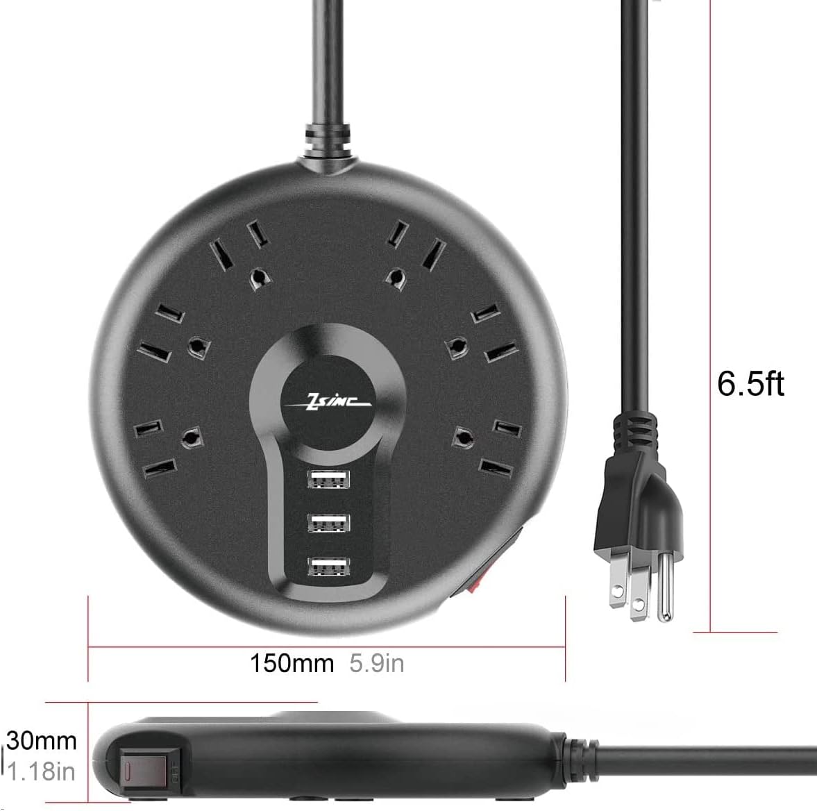 Power Strip, 6 Outlets and 3 USB Ports 6.5FT Long Extension Cord, Circle Socket Overload Surge Protector, 100% Copper Core, Flat Plug Charging Station Compact for Office, Home, Travel (Black)