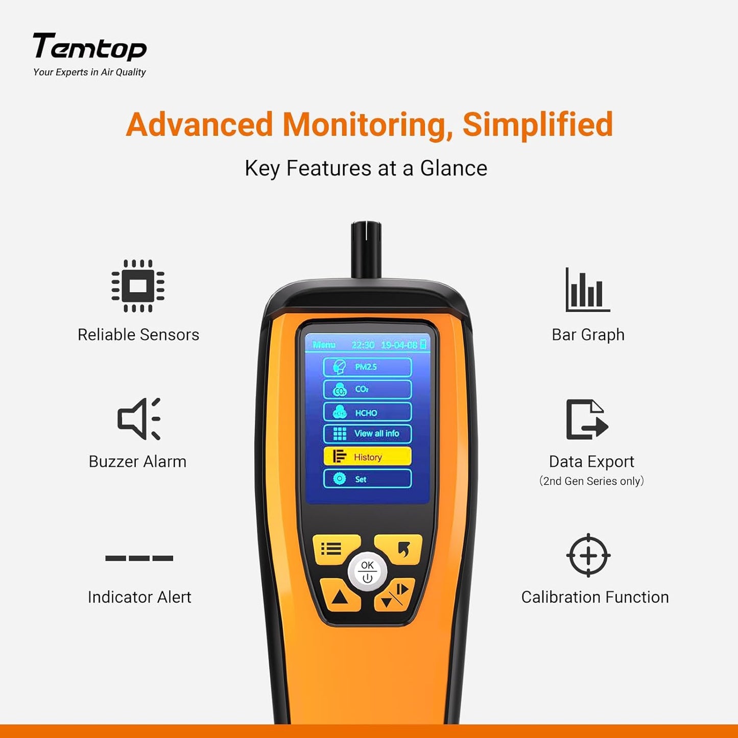 Temtop Air Quality Monitor CO2 Detector Professional Carbon Dioxide PM2.5 PM10 Formaldehyde Temperature and Humidity Monitor w/Audio Alarm Data Export (M2000 2nd)