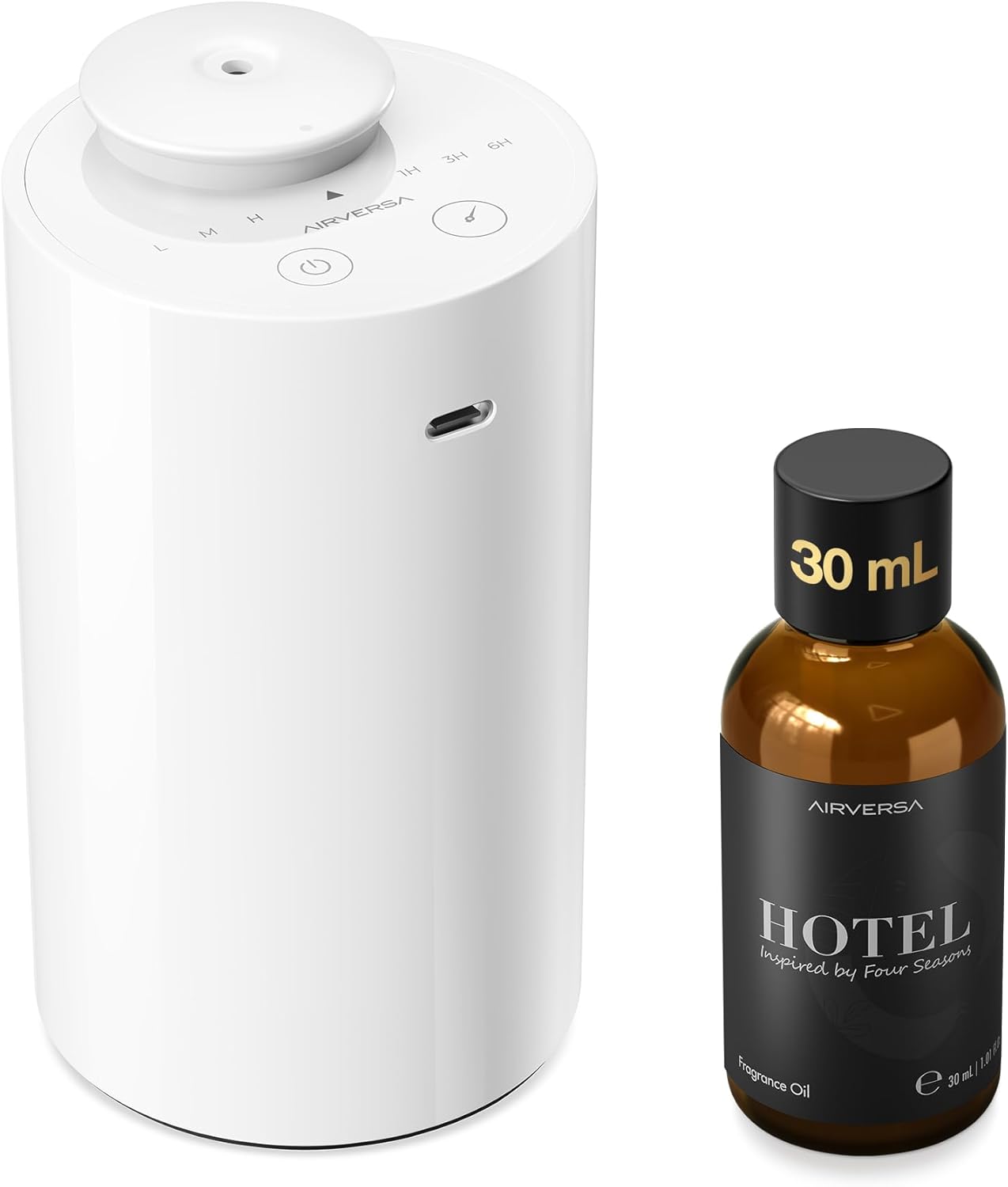Airversa Waterless Essential Oil Diffuser Starter Kit with 30mL Fragrance Oil Inspired by Four Seasons Hotel, Battery Operated Mini Scent Air Machine Portable Diffuser for Home Car Office, White AN6