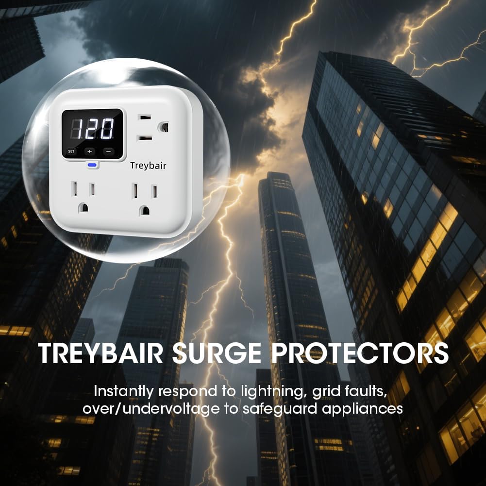 Surge Protector 3-Outlet Power Strip with Voltage Stabilizer, 80V-140V Power Surge Protectors for Refrigerator, TV, Computer | LED Display, Fireproof UL94V-1, Wall Mount,1800J,2 Pack