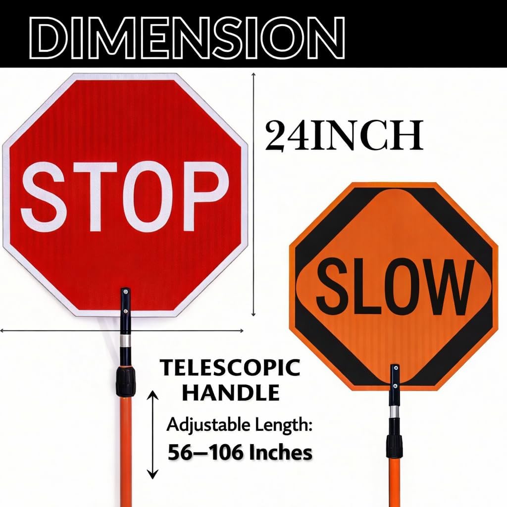 BESEA 24×24 Inch Stop/Slow Reflective Street Sign, Double-Sided with Telescopic Handle (56–106 in), Hand Held Stop Sign Road Sign Traffic Sign for Traffic Control & School Safety