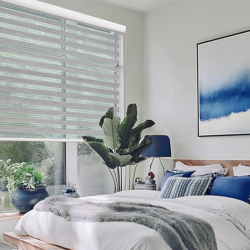Shadesu Cordless Zebra Blinds for Windows, 37.5" W x 72" H, Grey, Dual Layer Free-Stop Zebra Shades, Light Control for Day and Night, Sheer Blinds for Indoor Windows, Bedroom, Kitchen