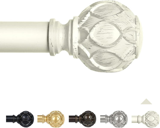 White Farmhouse Curtain Rods for Windows:18-60" Heavy Duty Adjustable Curtain Rod for Bedroom Living Room,Boho Decorative Rustic Drapery Rods with Vintage Coastal Texture Finials,Antique White