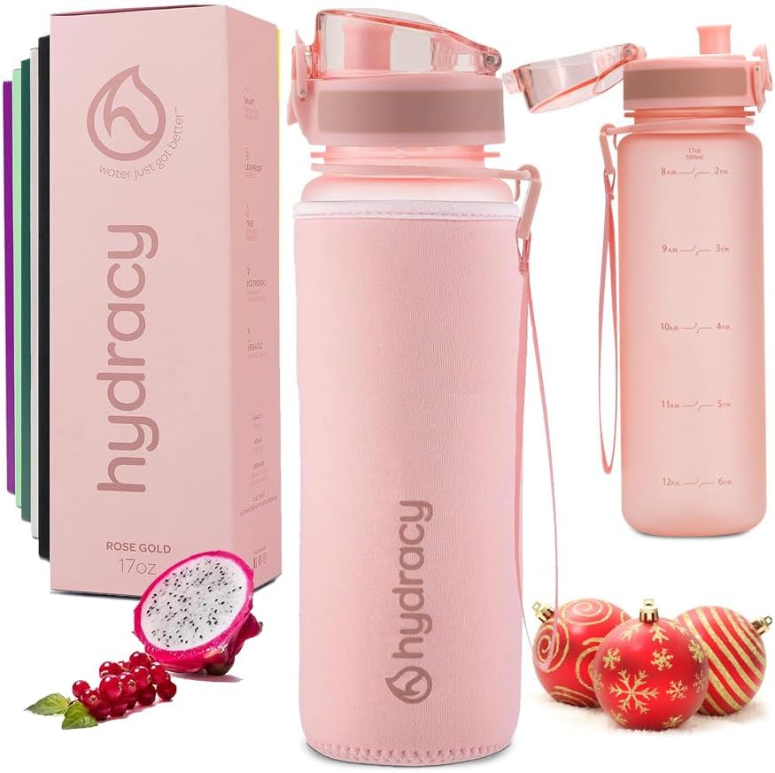 Hydracy Water Bottle with Time Marker -Large BPA Free Water Bottle & No Sweat Sleeve -Leak Proof Gym Bottle with Fruit Infuser Strainer & Times to Drink -Ideal for Fitness Sports & Outdoors