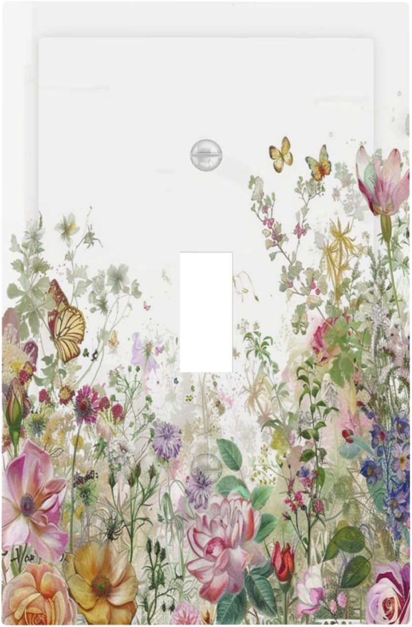 Decorative Light Switch Cover Boho Wildflower Colorful Floral Butterfly 1 Gang Single Toggle Device Electrical Faceplate Switchplates Decorator Outlet Wall Plate For Bed Room Living Room