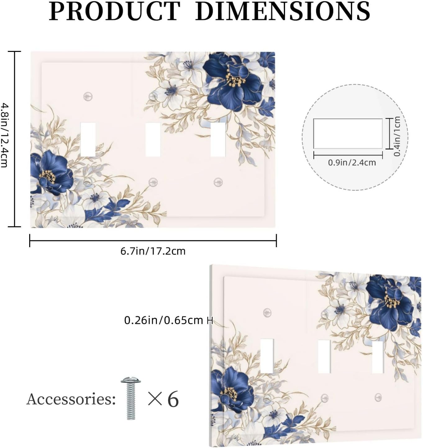 Decorative Light Switch Cover Plate Rustic Blue White Flowers Floral Penoy 3 Gang Wall Plate Oversized Triple Toggle Switch Cover Plate Jumbo Face Plate for Bedroom Decor
