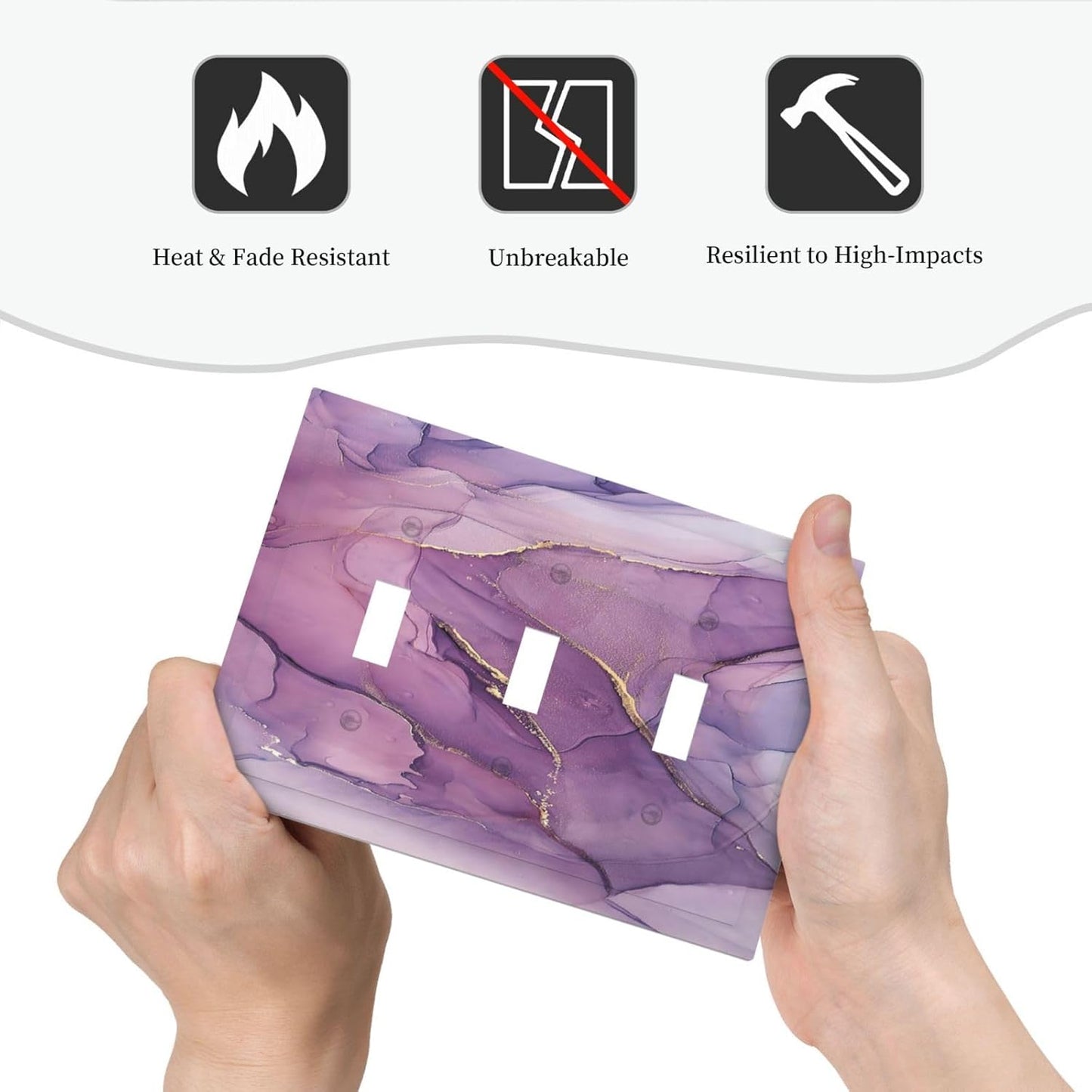 Decorative Switch Plates Purple Marbling Golden Line 3 Gang Wall Plate Triple Toggle Light Switch Cover Faceplate Electrical Wall Panels for living Room Bathroom Decor