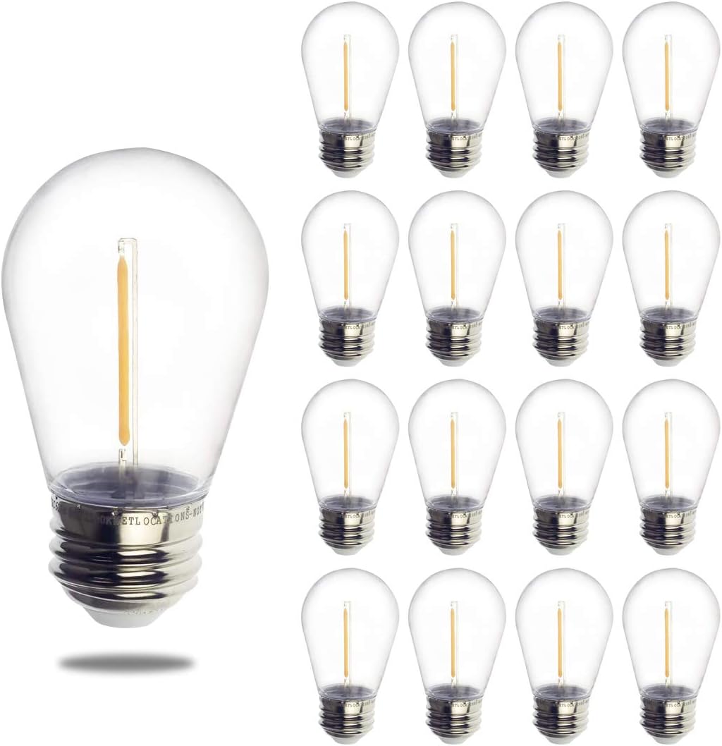 Jslinter S14 1W Outdoor String Lights Bulbs LED, Shatterproof & Waterproof, 2200K Warm White, 11W Equivalent, E26 Base, Edison Vintage Style Replacement for Patio Garden, 16-Pack