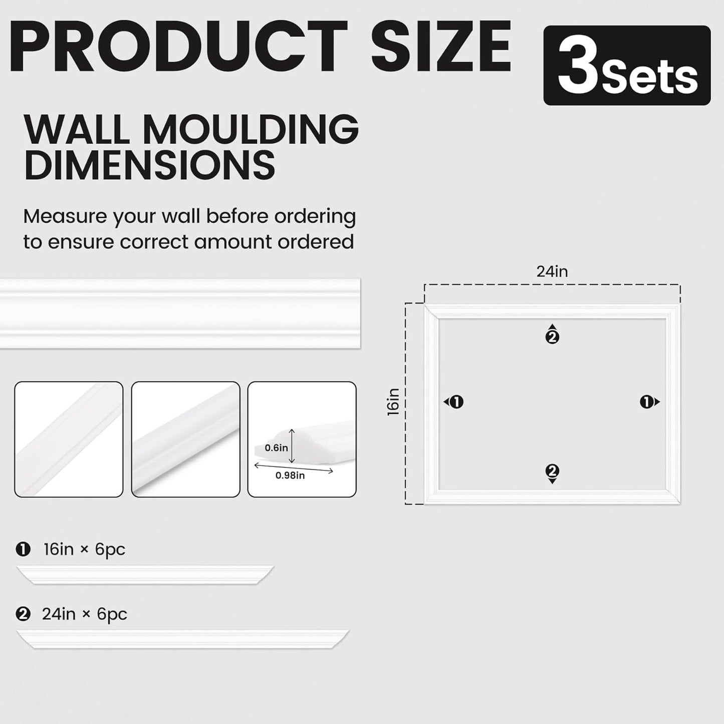 Peel and Stick Wainscoting Panels Kit, 3 Sets 16''x24'' Premade Wall Molding Peel and Stick Panels for Interior Wall Trim, Easy DIY Wainscoting Panels Peel and Stick Decor