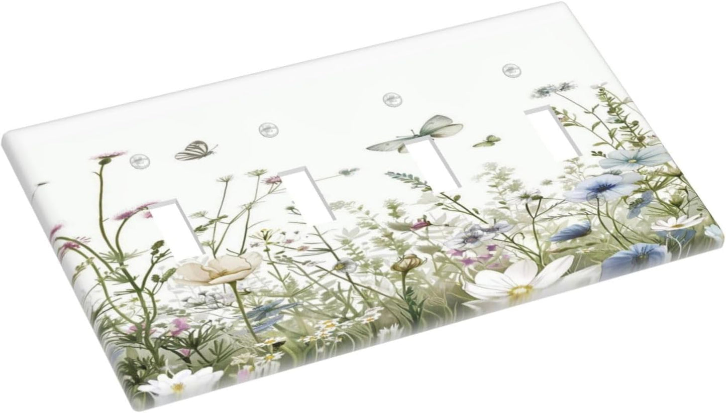 Colorful Wildflowers Daisy Plant Butterfly Floral Light Switch Covers Quad Toggle Electrical Faceplate 4 Gang Wall Plate Decorative Switch Plates for Bed Room Living Room Decor