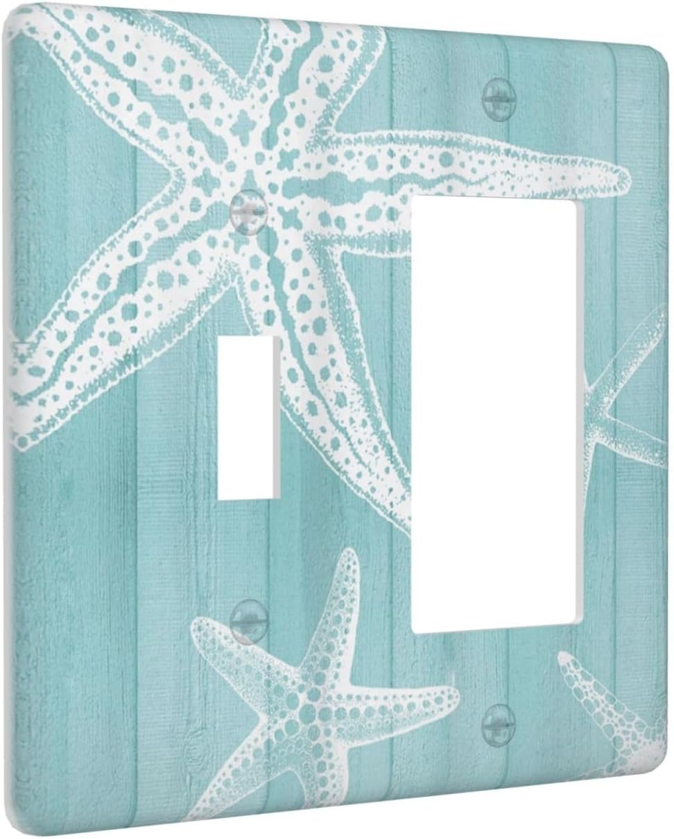 Decorative Outlet Covers Starfish Teal Wood Board Nautical 2 Gang Light Switch Cover Plate Single Toggle 1 Rocker Wall Plates for Electrical Outlets Switch Plate Covers for Bedroom Home Decor
