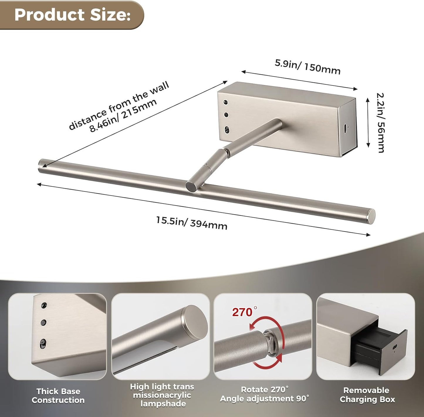 JOOSENLUX Battery Operated Picture Light 3CCT Dimmable Wireless Art Light for Paintings with Adjustable Swing Arm, 16-inch Brushed Nickel Gallery Light for Picture Display