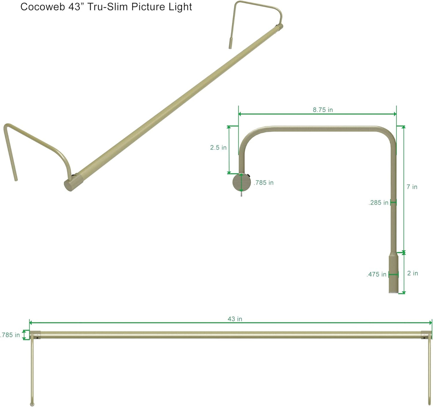 Cocoweb 43 Inch Tru-Slim Antique Brass Picture Light - LED, 2700K, Adjustable Arm, Plug-in, Toggle Switch, Sleek and Compact Design
