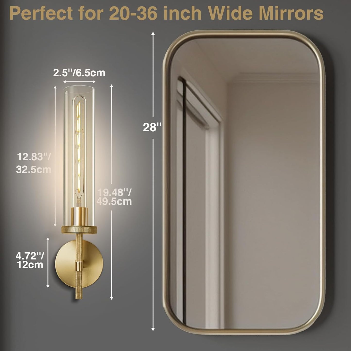 Gold Wall Sconces Set of Two, 19.48" Knurled Gold Wall Lighting with Glass Tube, Modern Brass Sconces Wall Lamp for Bedroom Living Room Bathroom Hallway Staircase & Vanity Mirror(Including Bulb)