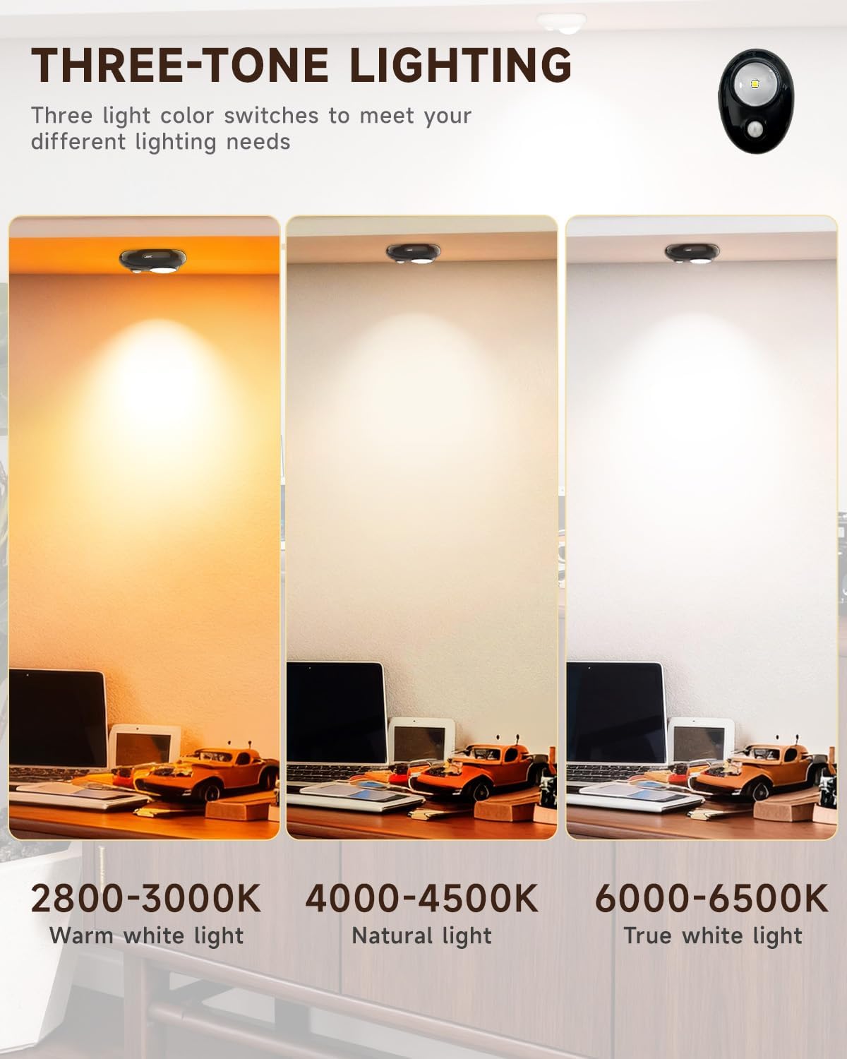 LEPOTEC LED Puck Lights, Rechargeable Battery Light,3 Color Temps Tap Lights,Wireless Closet Light,Under Cabinet Lighting,Magnetic Sitck On Lights for Kitchen,Closet,Pantry,Shelves(6 Pack)