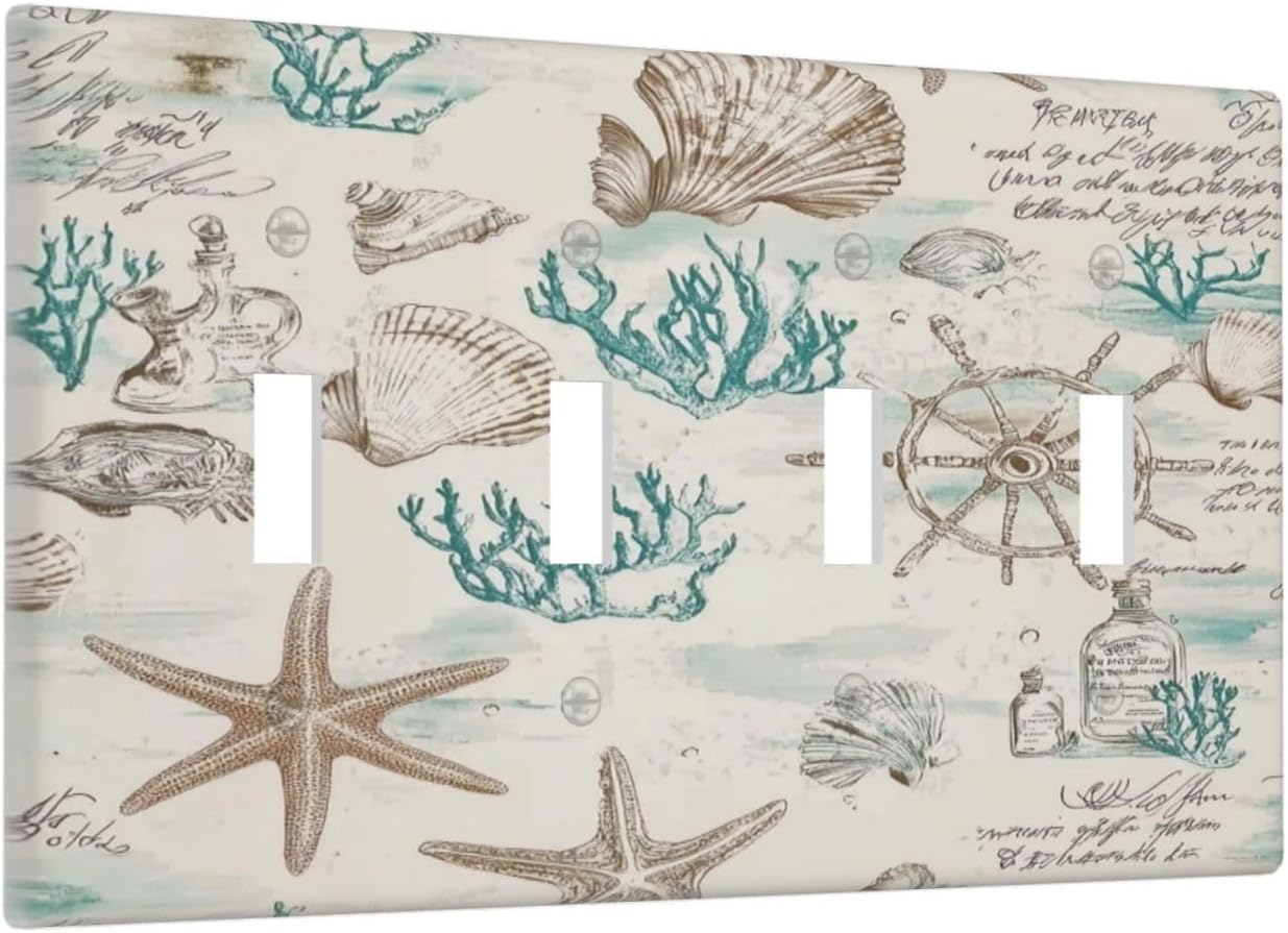 Mid Century Seashells Starfish Compass Light Switch Covers Quad Toggle Electrical Faceplate 4 Gang Wall Plate Decorative Switch Plates For Nursery Kids Room Decor