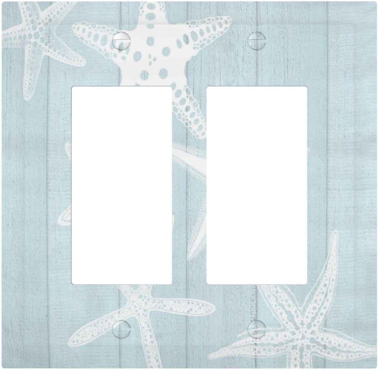 Beach Starfish Vintage Wood Rustic Country Ocean Decorative Outlet Covers 2 Gang Double GFCI Rocker Electrical Wall Panels Light Switch Cover Plate for Farmhouse Kids Room Decor