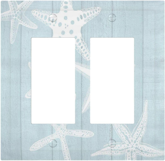 Beach Starfish Vintage Wood Rustic Country Ocean Decorative Outlet Covers 2 Gang Double GFCI Rocker Electrical Wall Panels Light Switch Cover Plate for Farmhouse Kids Room Decor