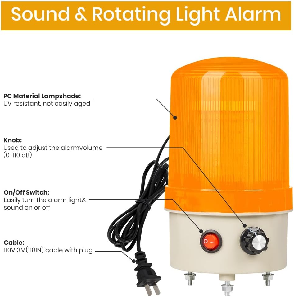 Industrial LED Rotating Warning Light, AC110V Beacon Strobe for Public Emergency Alarms, Siren Light with Volume Adjustment and Switch for Construction, Traffic, Factory, Safety Sign, Boat